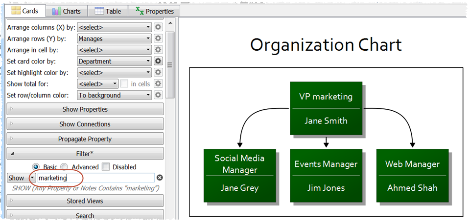 Filter large organization chart